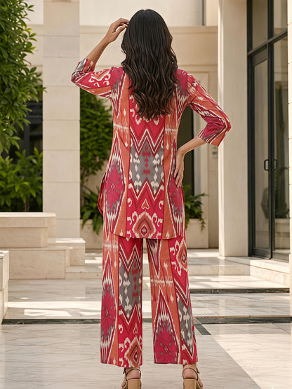 Pink Printed Cotton Blend V-Neck Stylish Co-Ord Set Casual