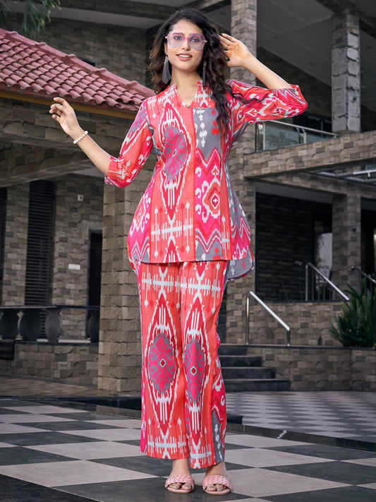 Deep Pink Printed Straight Rayon Blend Co-Ord Set