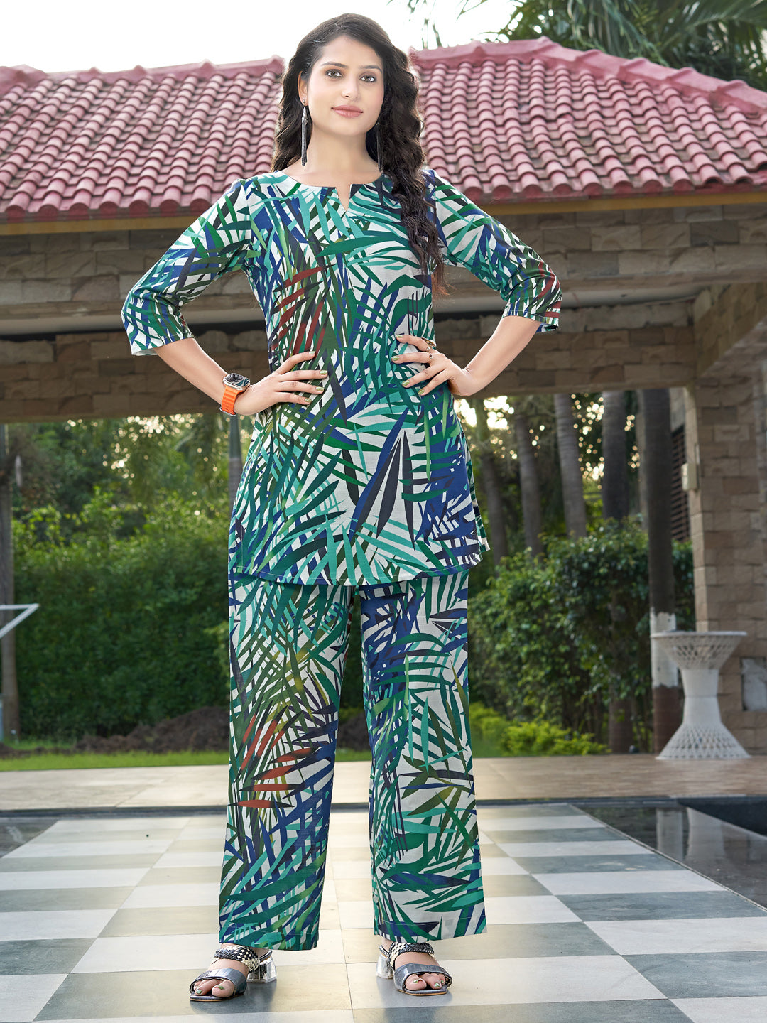 Blue And Green Printed Straight Rayon Blend Co-Ord Set