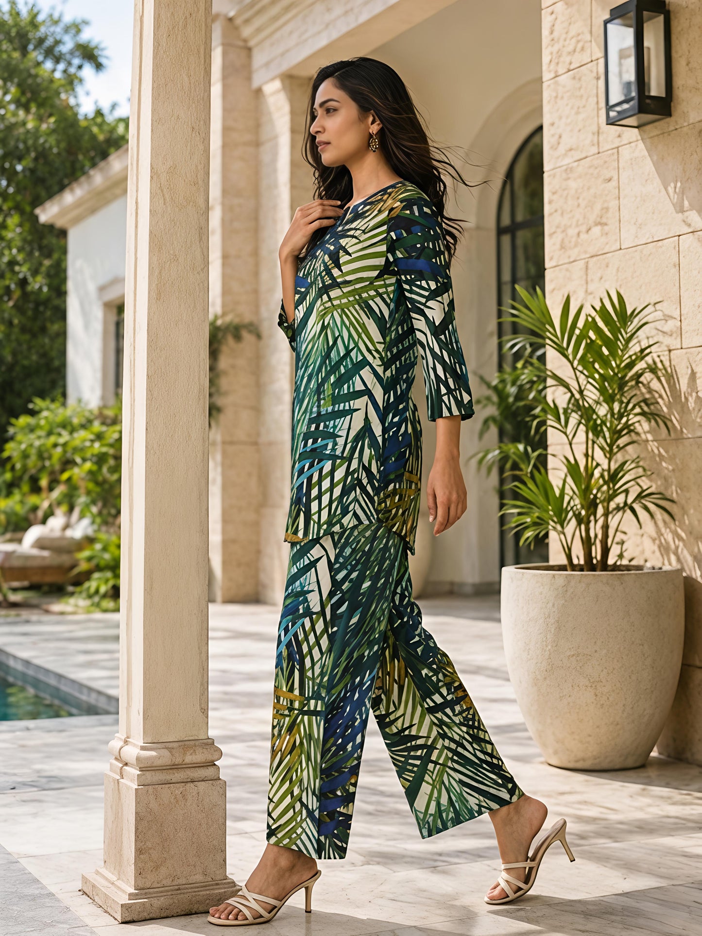 Green Printed Cotton Blend V-Neck Stylish Co-Ord Set Casual
