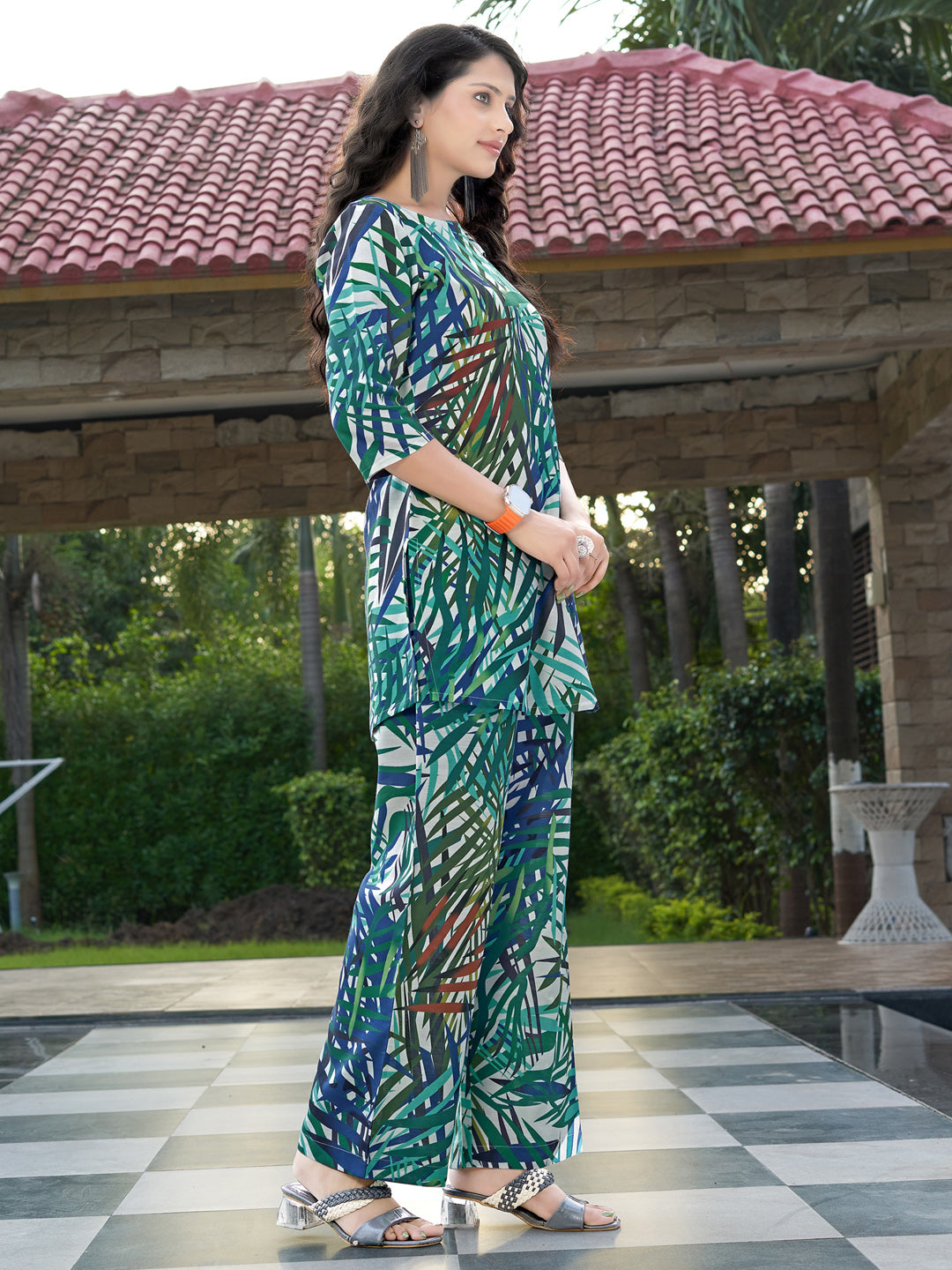 Blue And Green Printed Straight Rayon Blend Co-Ord Set