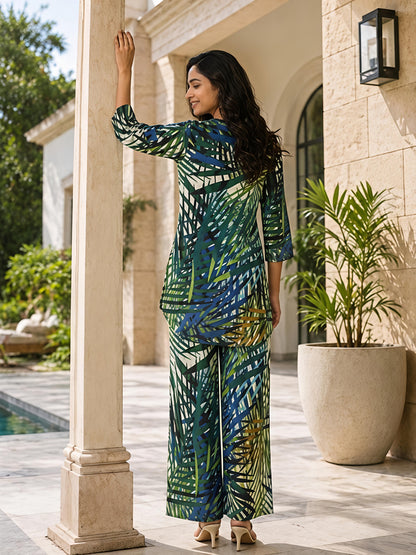 Green Printed Cotton Blend V-Neck Stylish Co-Ord Set Casual
