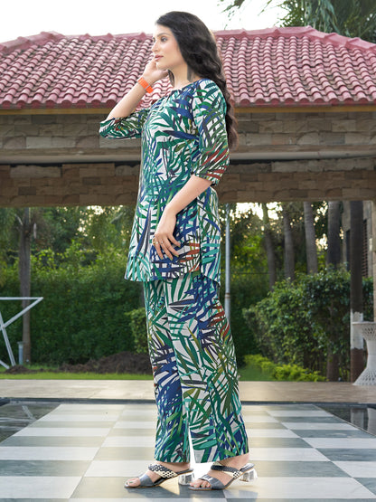 Blue And Green Printed Straight Rayon Blend Co-Ord Set