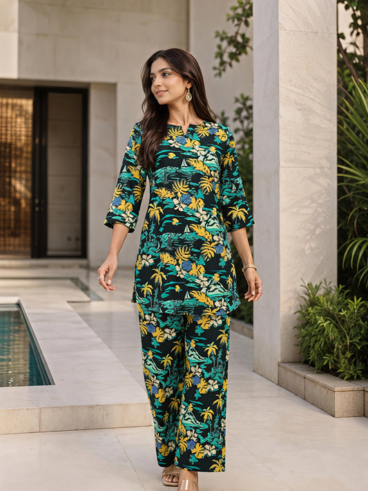 Green Printed Cotton Blend V-Neck Co-Ord Set Casual Daily Set