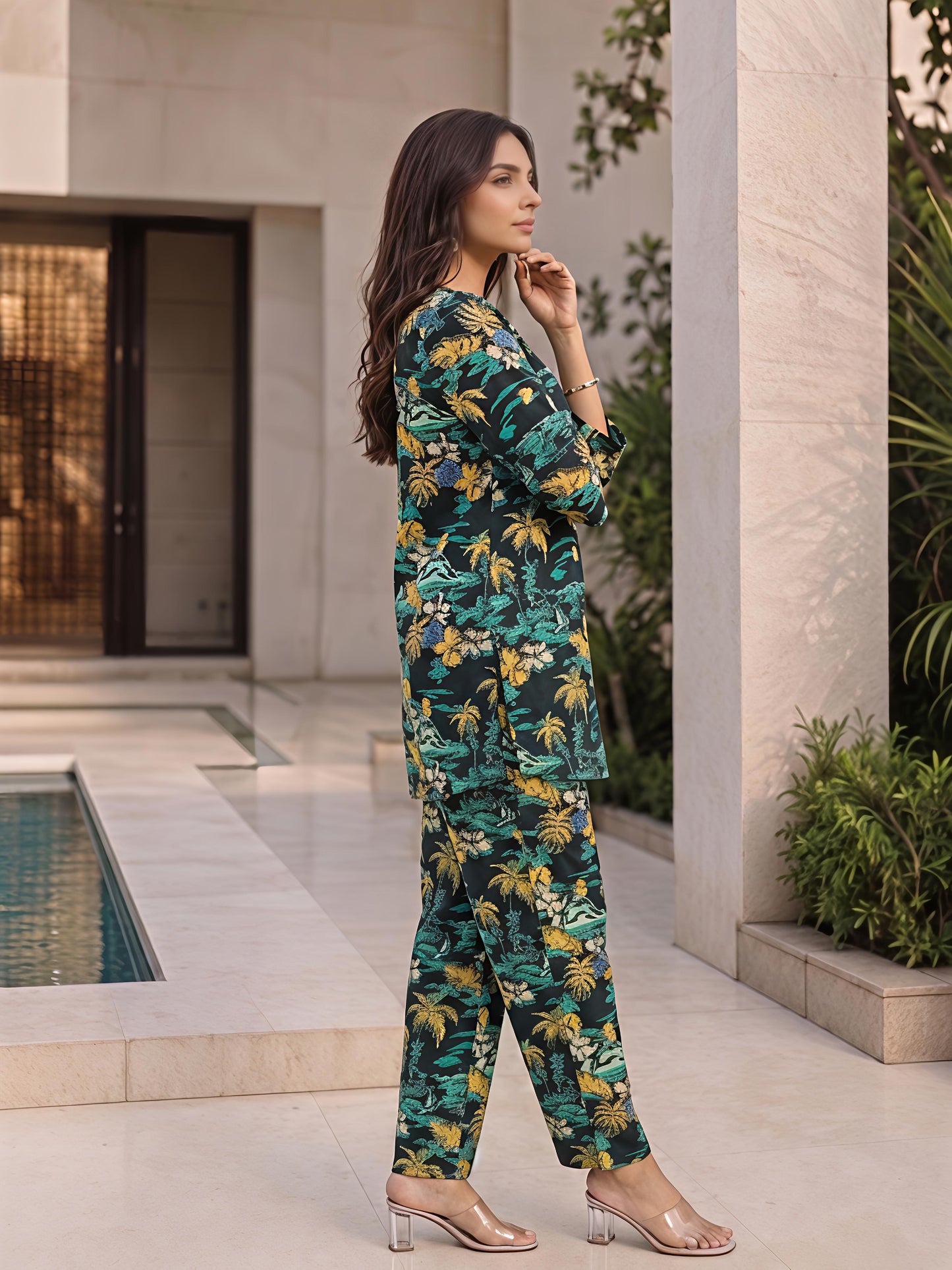 Green Printed Cotton Blend V-Neck Co-Ord Set Casual Daily Set