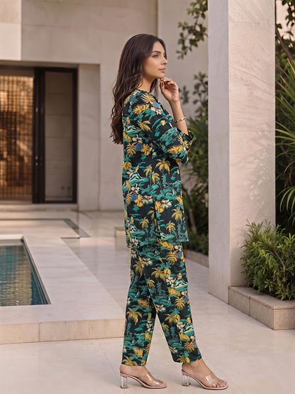 Green Printed Cotton Blend V-Neck Co-Ord Set Casual Daily Set
