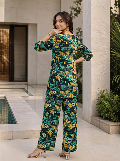 Green Printed Cotton Blend V-Neck Co-Ord Set Casual Daily Set