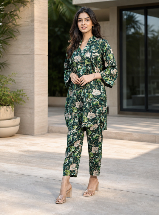 Green Floral Rayon Blend Printed Casual Stylish Co-Ord Set