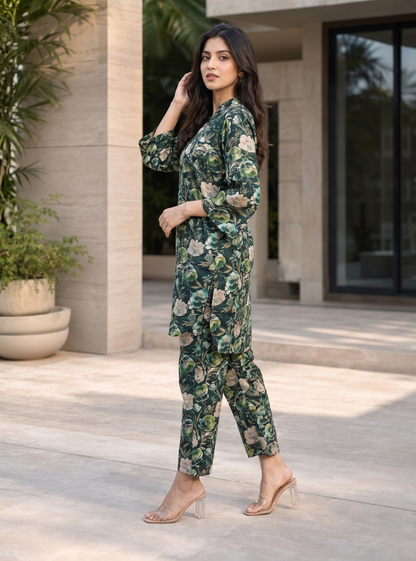 Green Floral Rayon Blend Printed Casual Stylish Co-Ord Set