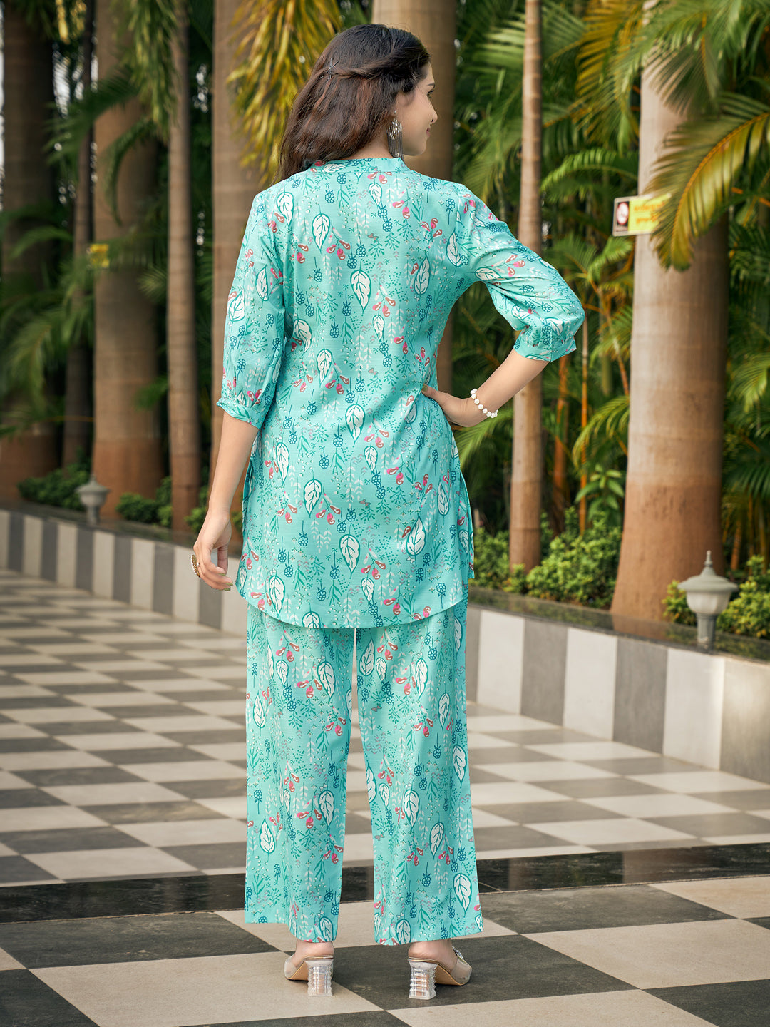 Teal Blue Rayon Blend V-Neck Co-Ord Set