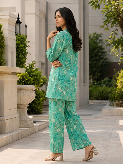 Floral Rayon Blend Casual Printed Stylish Green Co-Ord Set