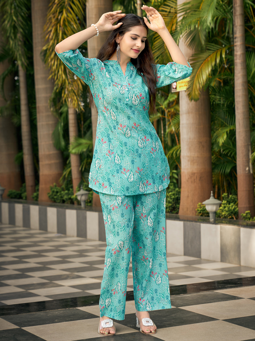 Teal Blue Rayon Blend V-Neck Co-Ord Set