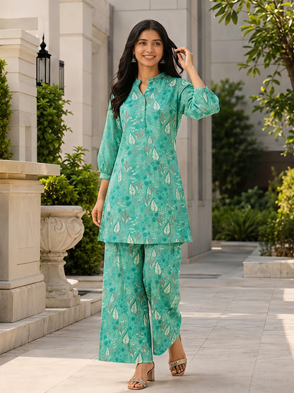 Floral Rayon Blend Casual Printed Stylish Green Co-Ord Set