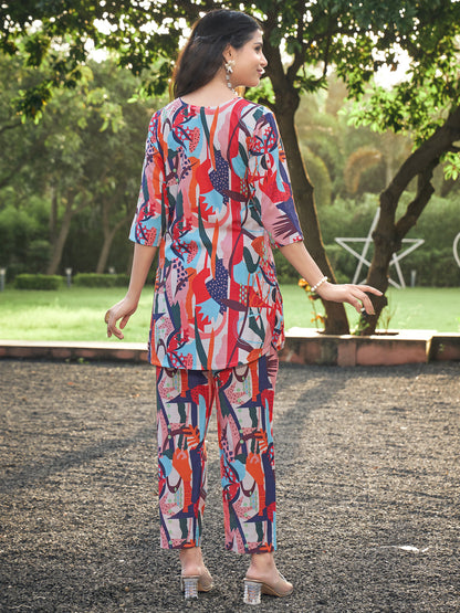 Multicolor Printed Rayon Blend Notch Neck Co-Ord Set