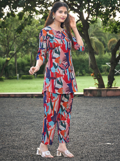 Multicolor Printed Rayon Blend Notch Neck Co-Ord Set