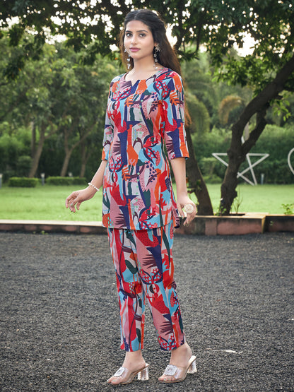 Multicolor Printed Rayon Blend Notch Neck Co-Ord Set