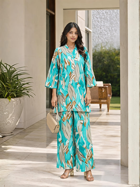 Blue Printed Rayon Blend Floral V-Neck Casual Co-Ord Set