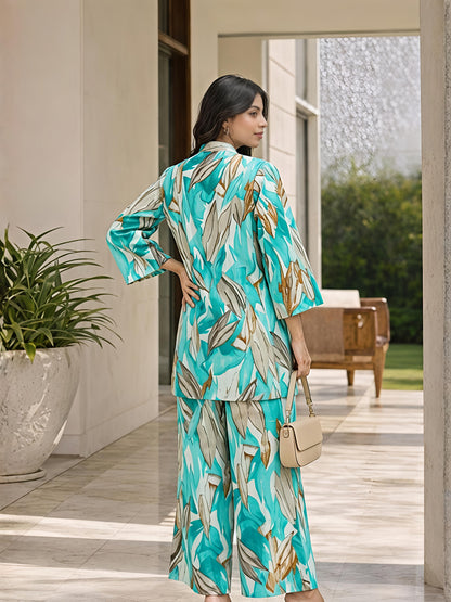 Blue Printed Rayon Blend Floral V-Neck Casual Co-Ord Set