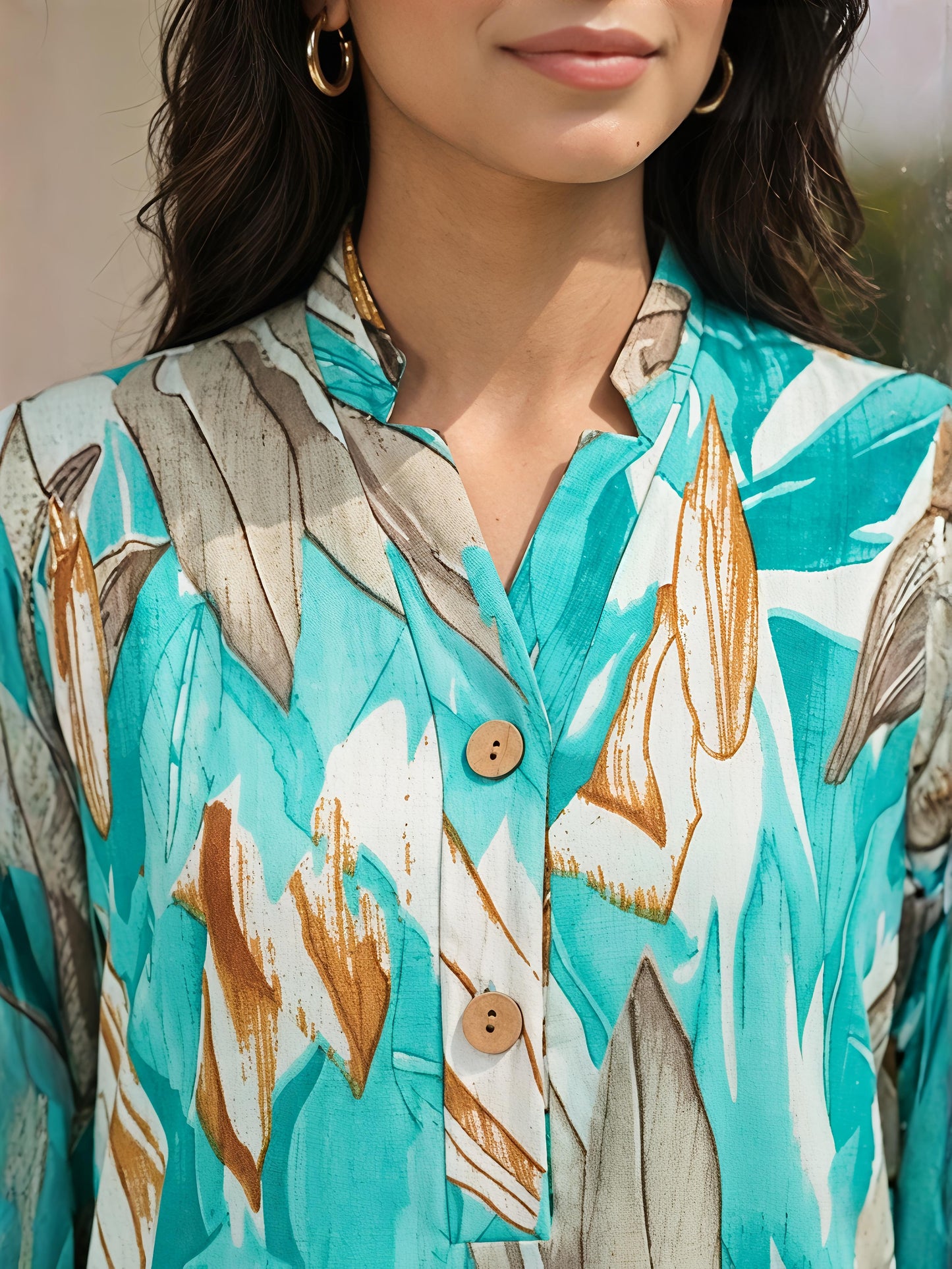 Blue Printed Rayon Blend Floral V-Neck Casual Co-Ord Set