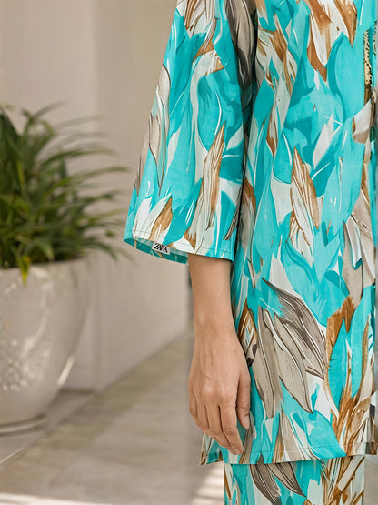 Blue Printed Rayon Blend Floral V-Neck Casual Co-Ord Set
