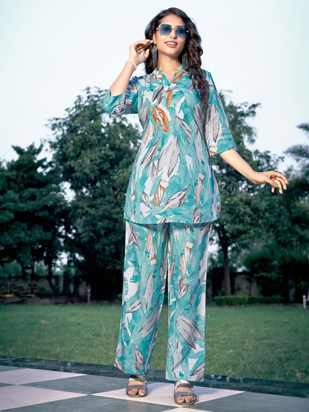 Aqua Blue Printed Straight Rayon Blend V-Neck Co-Ord Set