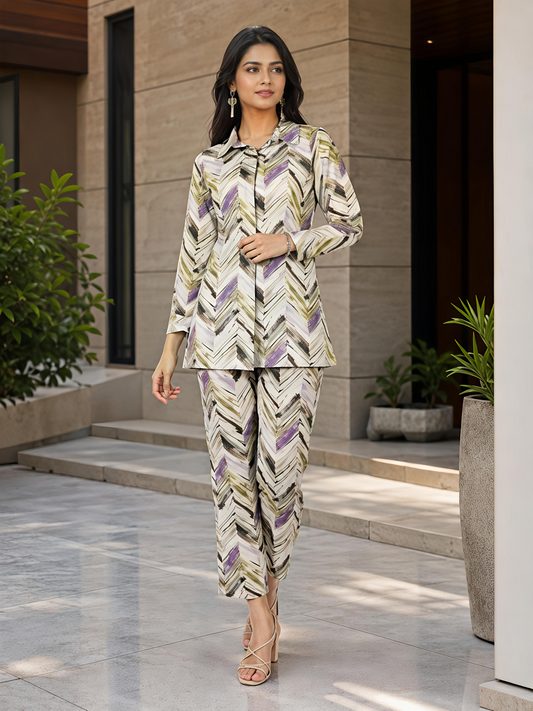 Beige Printed Rayon Blend Floral Collar Neck Casual Co-Ord Set