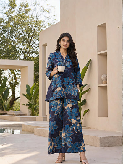 Blue Printed Polyester Floral V-Neck Casual Co-Ord Set