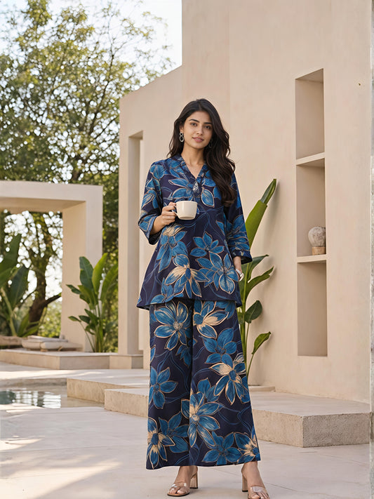 Blue Printed Polyester Floral V-Neck Casual Co-Ord Set