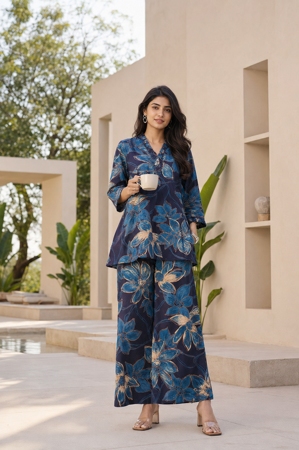 Blue Printed Polyester Floral V-Neck Casual Co-Ord Set