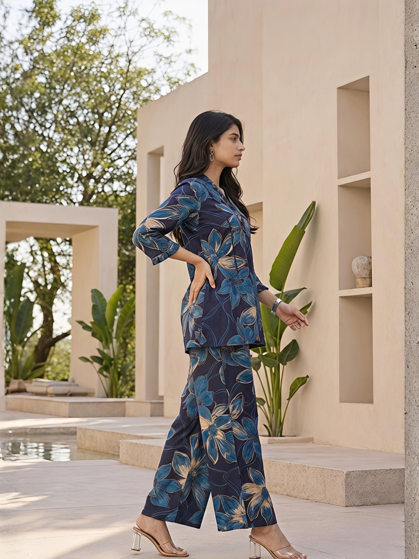 Blue Printed Polyester Floral V-Neck Casual Co-Ord Set