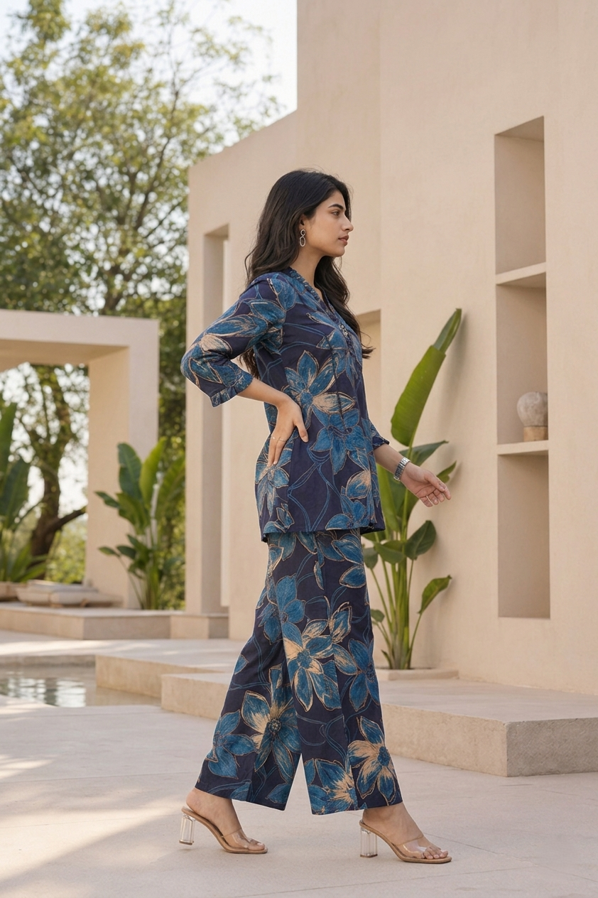 Blue Printed Polyester Floral V-Neck Casual Co-Ord Set