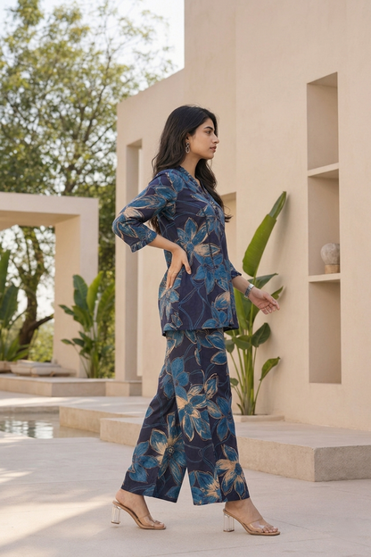 Blue Printed Polyester Floral V-Neck Casual Co-Ord Set