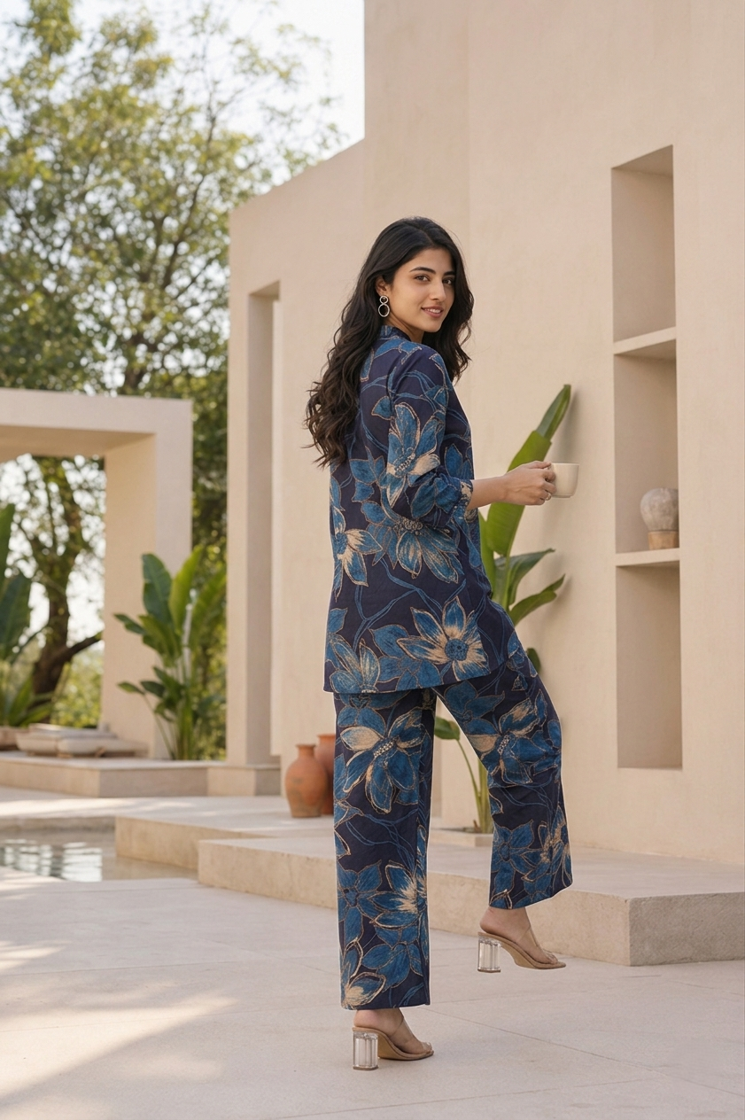 Blue Printed Polyester Floral V-Neck Casual Co-Ord Set
