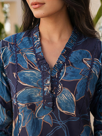 Blue Printed Polyester Floral V-Neck Casual Co-Ord Set