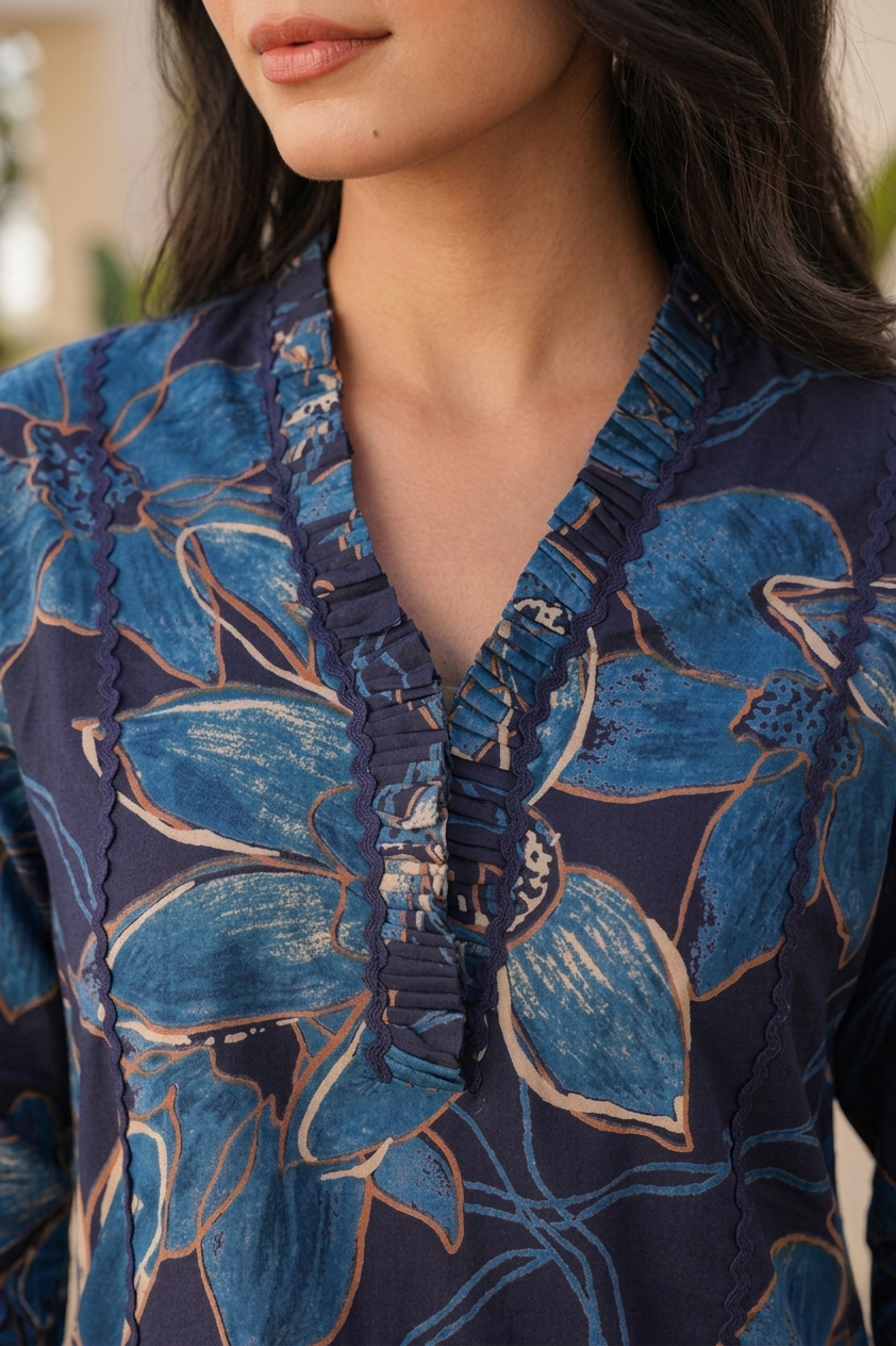 Blue Printed Polyester Floral V-Neck Casual Co-Ord Set