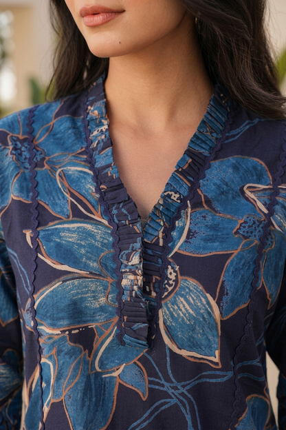 Blue Printed Polyester Floral V-Neck Casual Co-Ord Set
