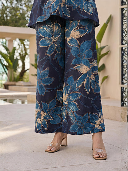 Blue Printed Polyester Floral V-Neck Casual Co-Ord Set