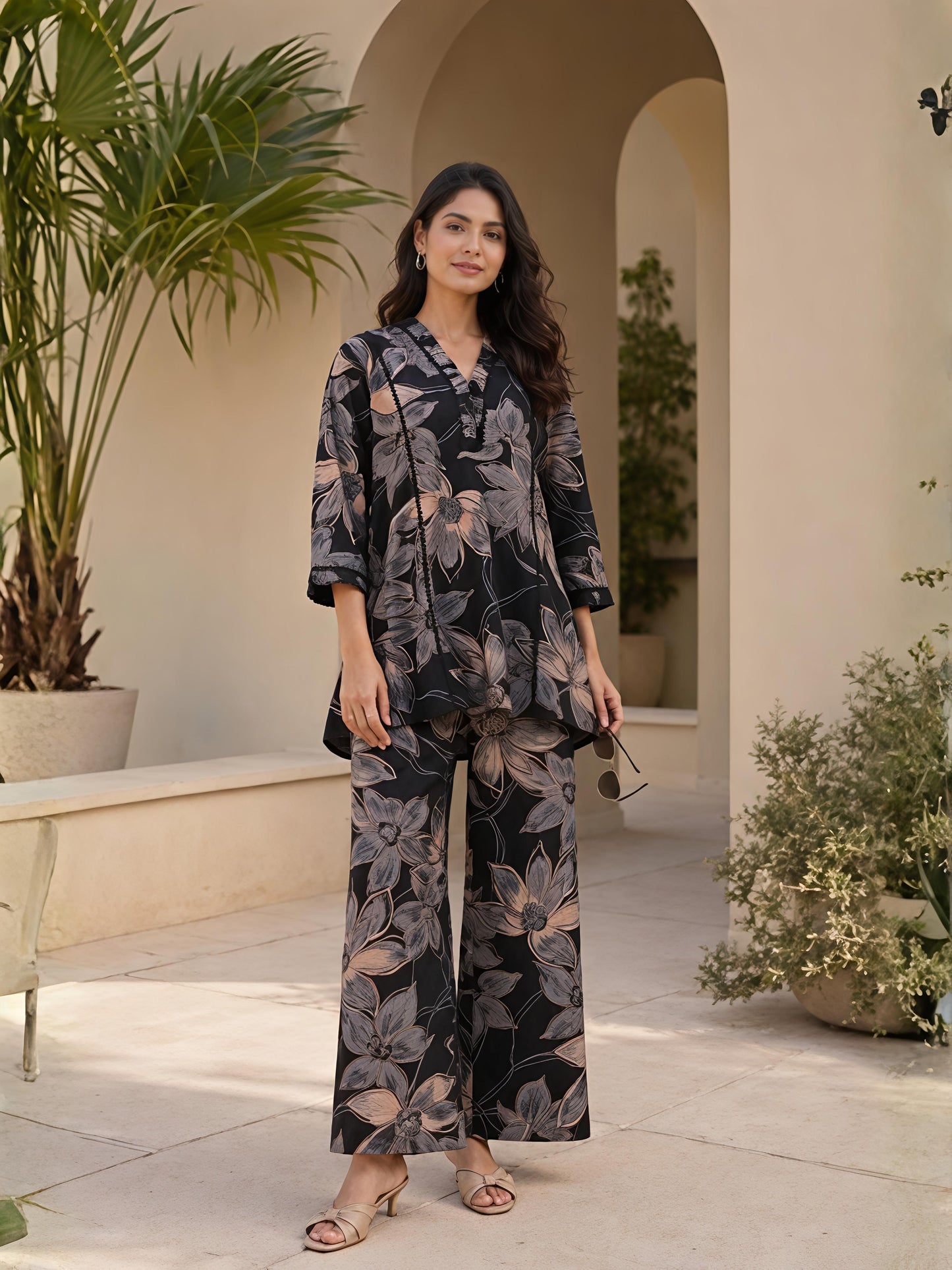 Black Printed Polyester Floral V-Neck Casual Co-Ord Set