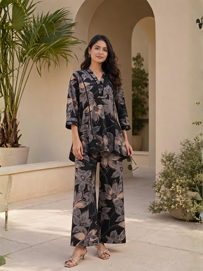 Black Printed Polyester Floral V-Neck Casual Co-Ord Set
