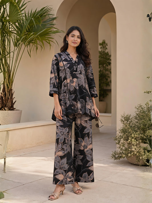 Black Printed Polyester Floral V-Neck Casual Co-Ord Set