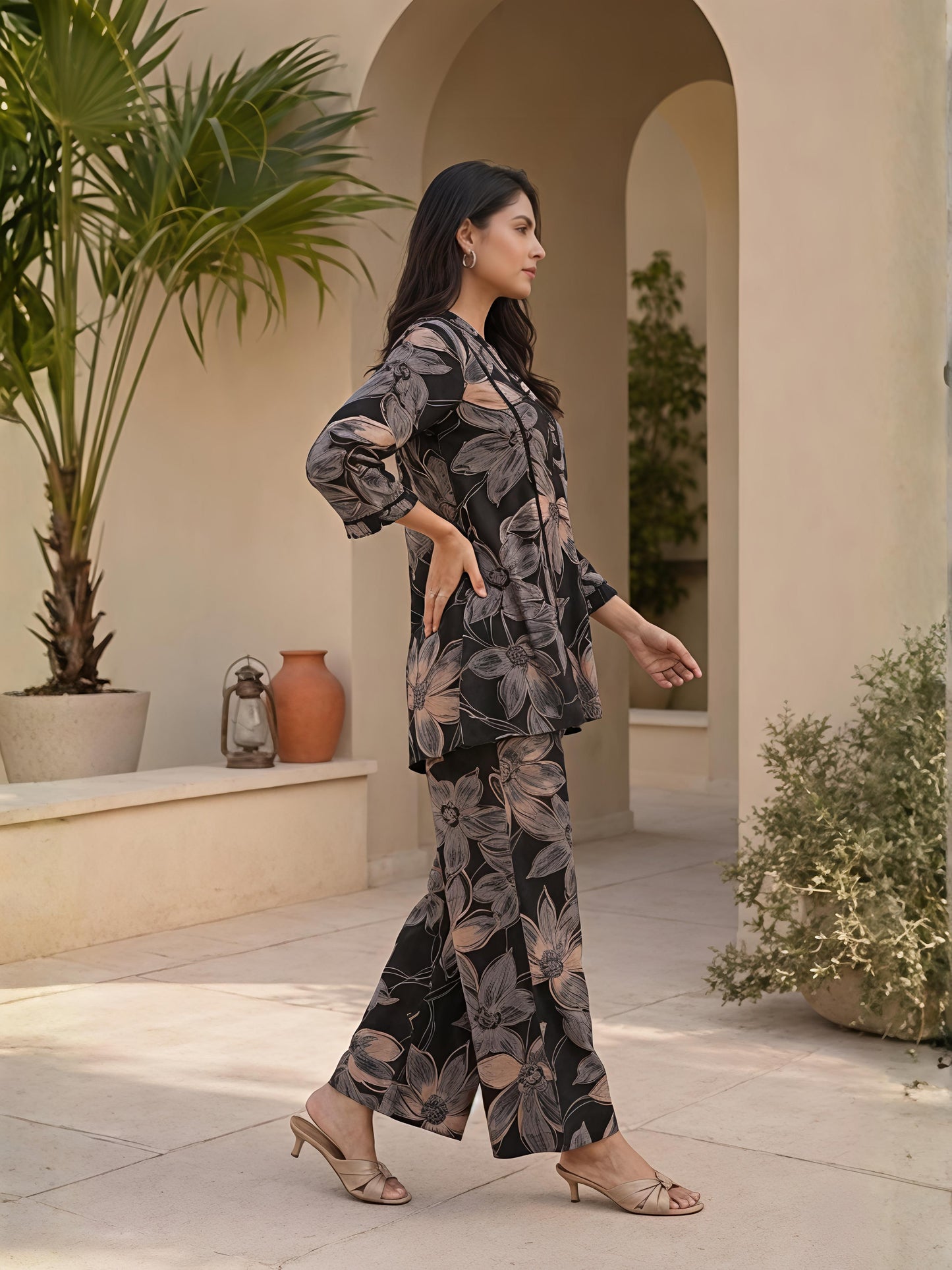 Black Printed Polyester Floral V-Neck Casual Co-Ord Set
