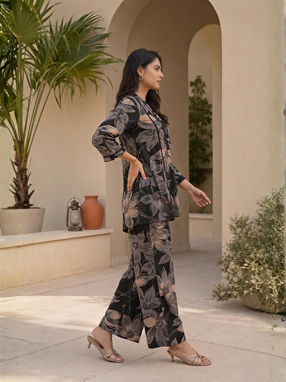 Black Printed Polyester Floral V-Neck Casual Co-Ord Set