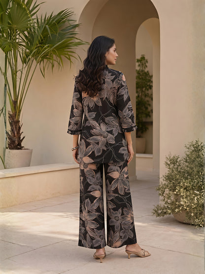 Black Printed Polyester Floral V-Neck Casual Co-Ord Set