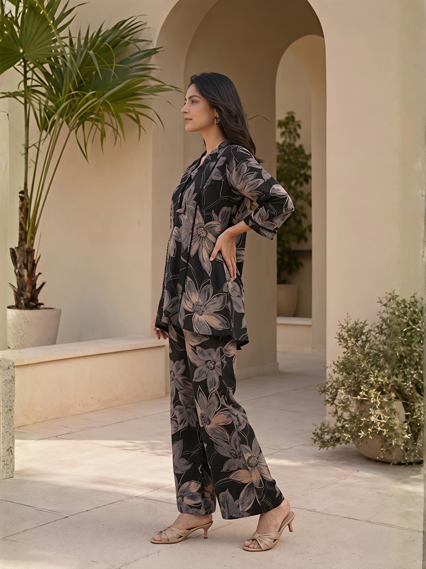 Black Printed Polyester Floral V-Neck Casual Co-Ord Set