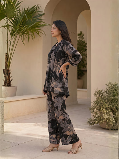 Black Printed Polyester Floral V-Neck Casual Co-Ord Set