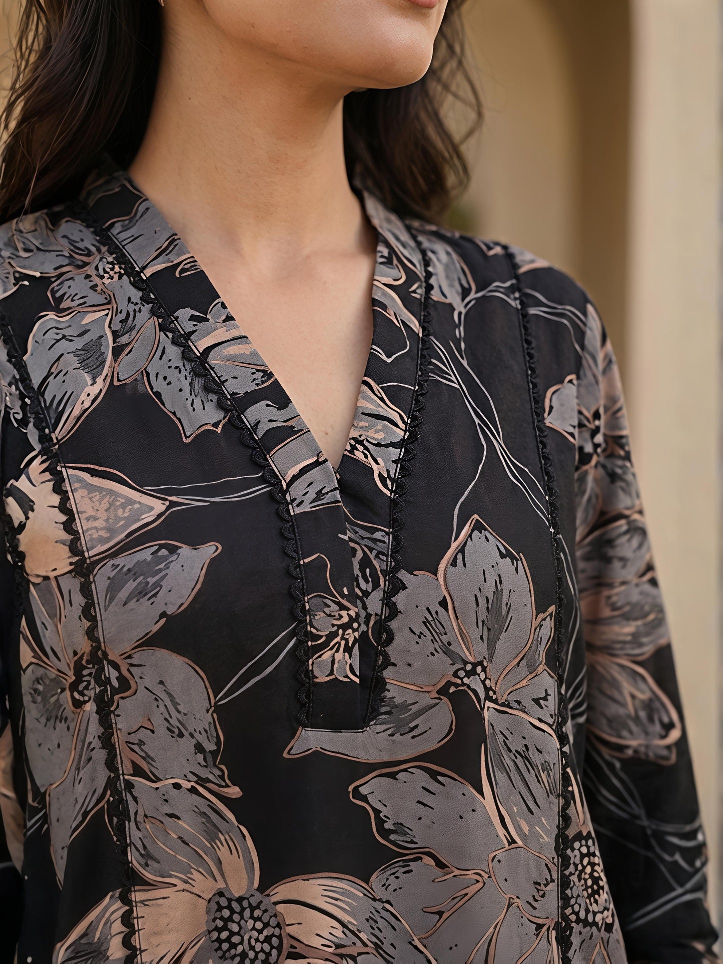 Black Printed Polyester Floral V-Neck Casual Co-Ord Set