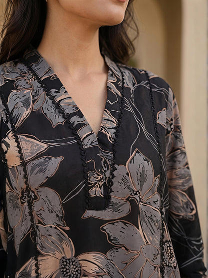 Black Printed Polyester Floral V-Neck Casual Co-Ord Set
