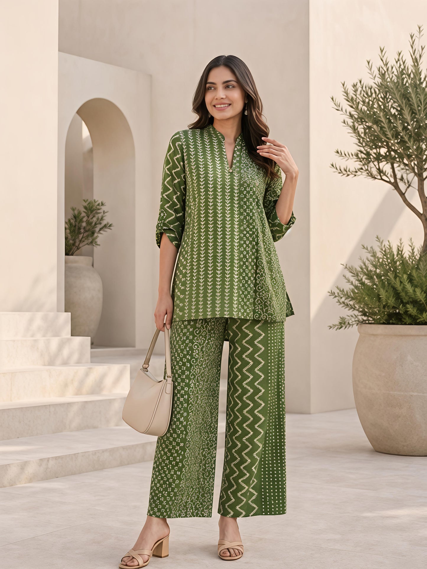 Green Printed Polyester Floral Round Neck Casual Co-Ord Set
