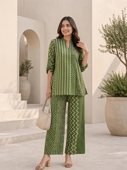 Green Printed Polyester Floral Round Neck Casual Co-Ord Set