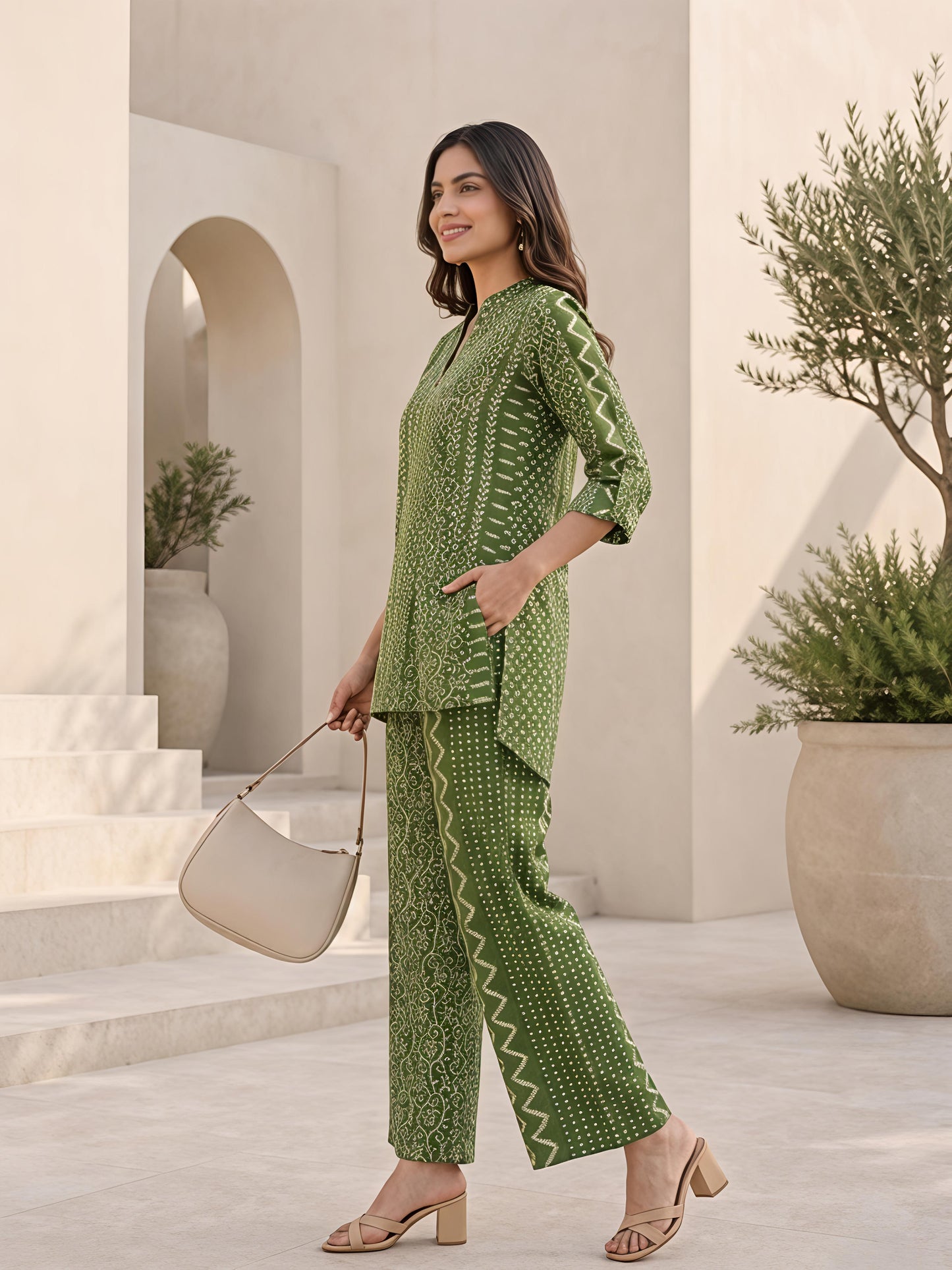 Green Printed Polyester Floral Round Neck Casual Co-Ord Set